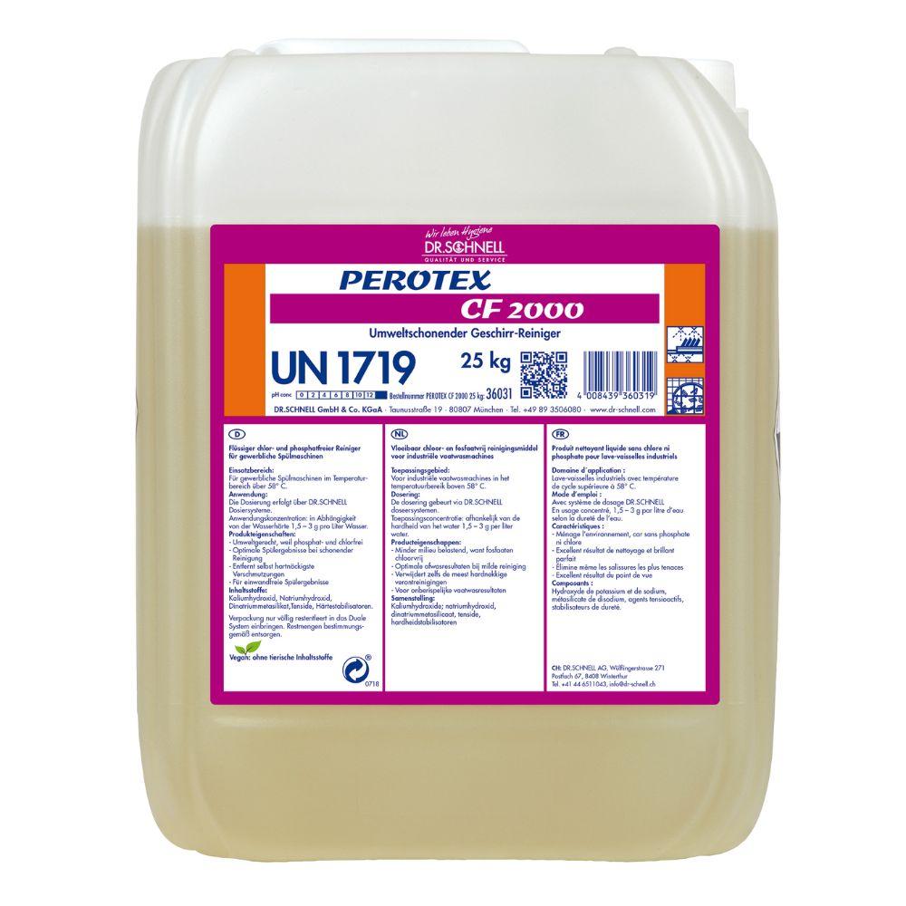 Un conteneur en plastique de 25 kg avec Dr. Schnell PEROTEX CF 2000 Nettoyant vaisselle sans chlore de DR.SCHNELL GmbH & Co. KGaA, marqué avec des instructions multilingues, des symboles de sécurité et le code de substance dangereuse UN 1719.