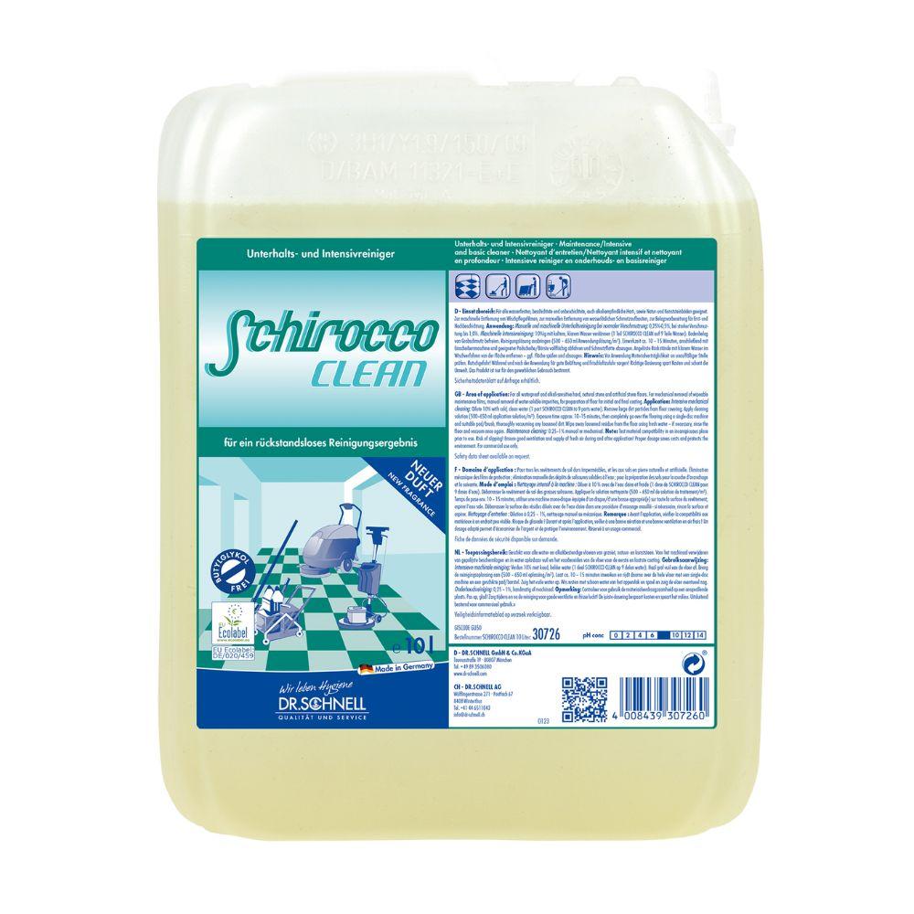 Un conteneur de 10L Dr. Schnell SCHIROCCO CLEAN nettoyant d'entretien, intensif et de base de DR.SCHNELL GmbH & Co. KGaA, avec une étiquette allemande bleu-vert et une scène de nettoyage illustrée sur des sols durs carrelés.