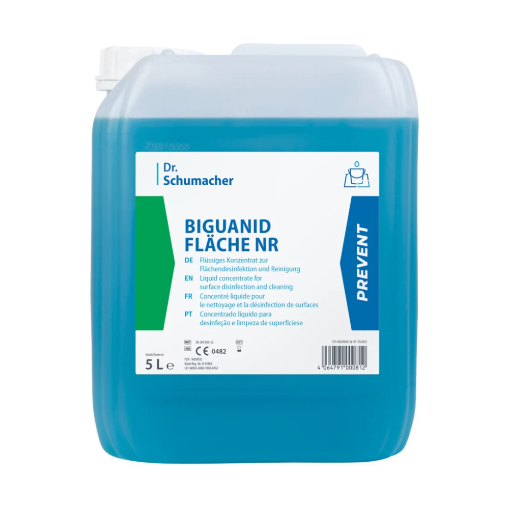 Ein 5L Dr. Schumacher Biguanid Fläche NR Flächendesinfektion Flüssigkonzentrat von Dr. Schumacher GmbH mit einer durchscheinend blauen Formel zur effektiven Desinfektion und Reinigung, mit mehrsprachigen Produktdetails auf dem Etikett.
