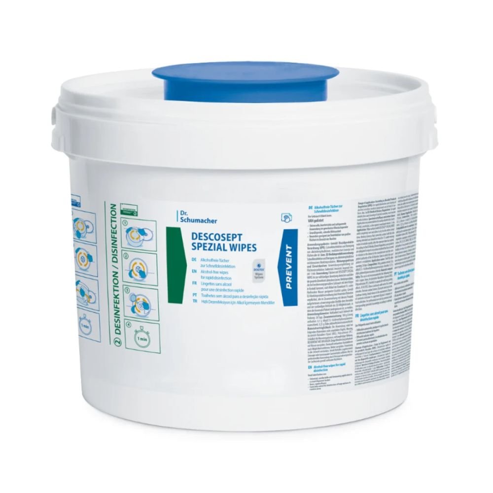 Un récipient en plastique blanc avec l'inscription « Dr. Schumacher DESCOSEPT SPEZIAL WIPES Lingettes désinfectantes » avec du texte bleu et vert et des graphiques, classé sous produits médicaux, offre des instructions et des informations de sécurité sur le côté. Le couvercle est blanc avec un dessus bleu, idéal pour le stockage de ces lingettes de Dr. Schumacher GmbH.