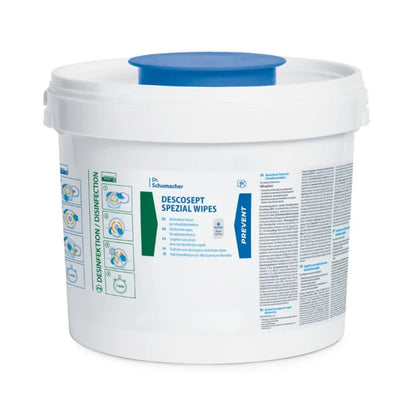 Un récipient en plastique blanc avec l'inscription « Dr. Schumacher DESCOSEPT SPEZIAL WIPES Lingettes désinfectantes » avec du texte bleu et vert et des graphiques, classé sous produits médicaux, offre des instructions et des informations de sécurité sur le côté. Le couvercle est blanc avec un dessus bleu, idéal pour le stockage de ces lingettes de Dr. Schumacher GmbH.