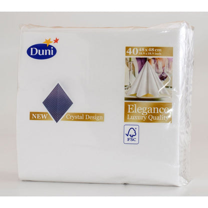 Un paquet de 40 serviettes blanches Duni GmbH Elegance Crystal (48 x 48 cm, 1/4 pli) avec un design en cristal et un logo FSC dans le coin inférieur droit.