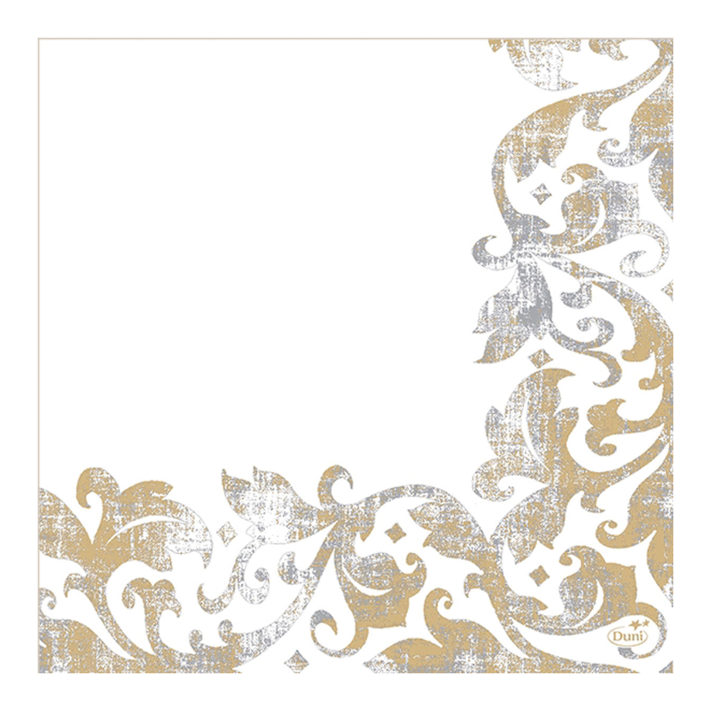 Un motif floral doré et argenté orne élégamment le coin inférieur droit de la serviette Festiva White Dunisoft® de Duni GmbH, 40 x 40 cm. Le design élaboré de feuilles et de tourbillons rehausse l'espace vide, tandis qu'un logo discret souligne sa présence. Le paquet contient 60 serviettes.