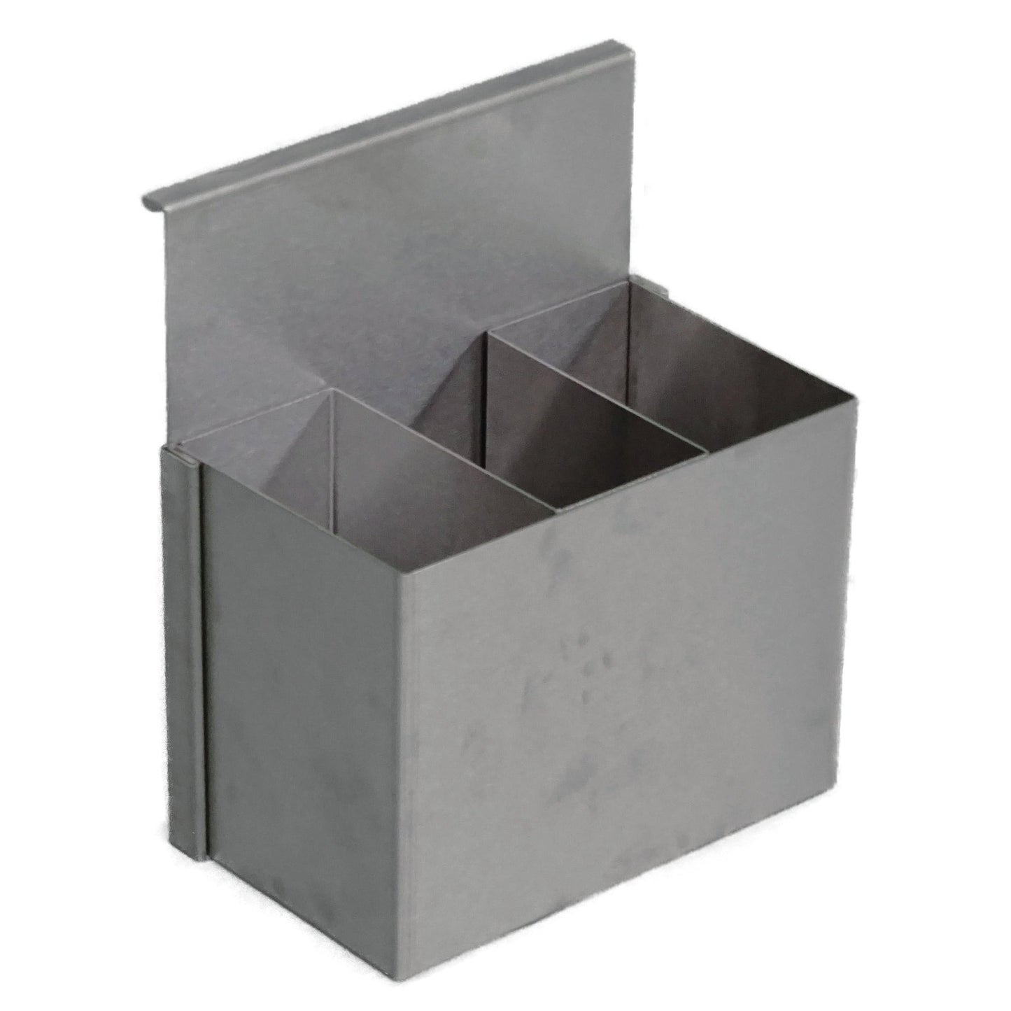 Le conteneur en acier inoxydable Novocal (250 x 150 x 300 mm) dispose de trois compartiments rectangulaires et d'un dos plat, conçu pour être suspendu à un rail euro dans les ateliers ou fixé à une surface. L'emballage contient 1 pièce.