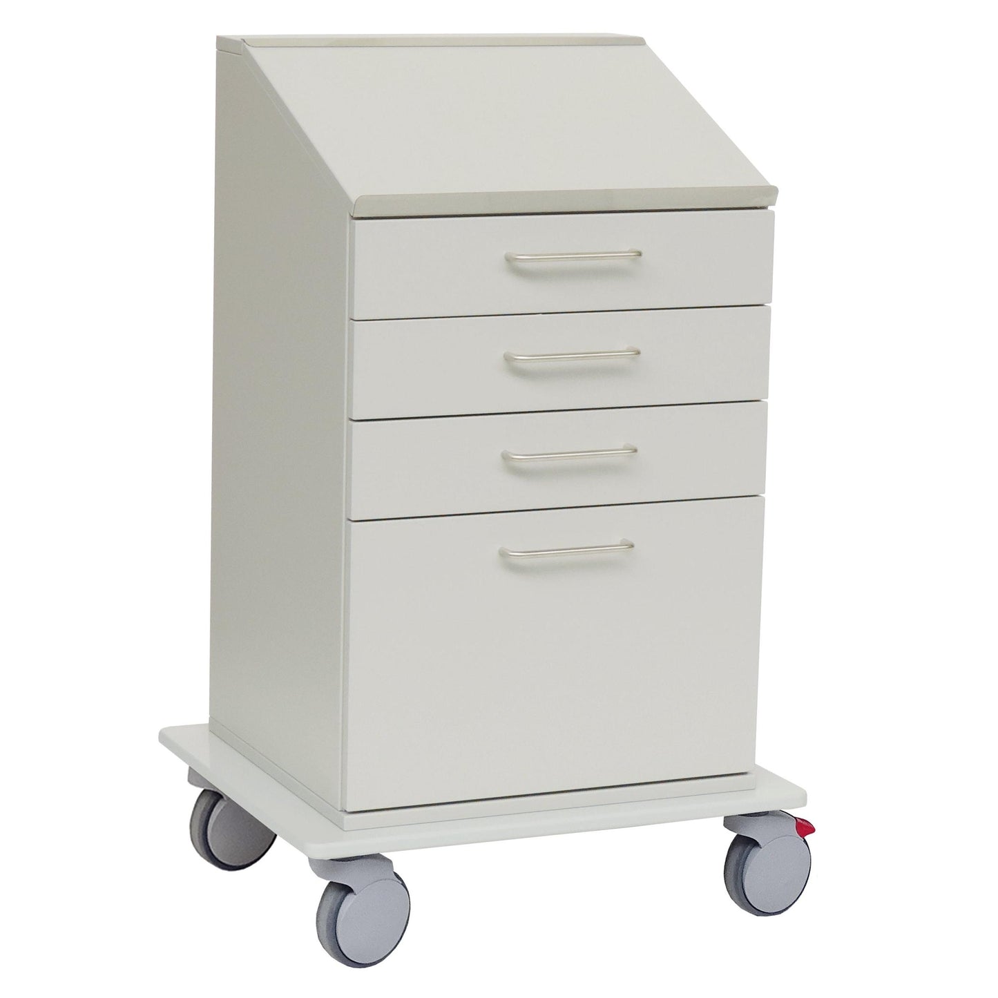 Le chariot de documentation ergonomique Novocal présente un design blanc avec quatre tiroirs, un plan de travail incliné, des poignées en métal et un châssis mobile avec quatre grandes roulettes grises, dont deux sont freinées.