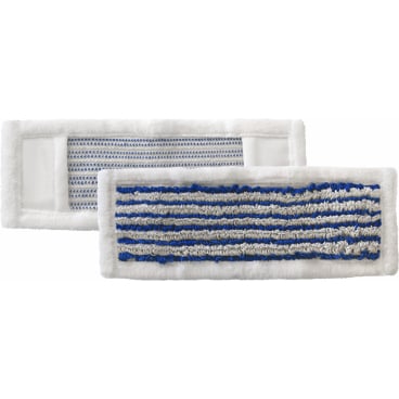 Deux inserts rectangulaires Arcora HOSPITAL HYGIENE PLUS MOPP 40 cm de Arcora International GmbH : l'un a une surface en microfibre rayée bleu-gris avec un bord blanc, l'autre montre à l'arrière la structure en filet gris uni.