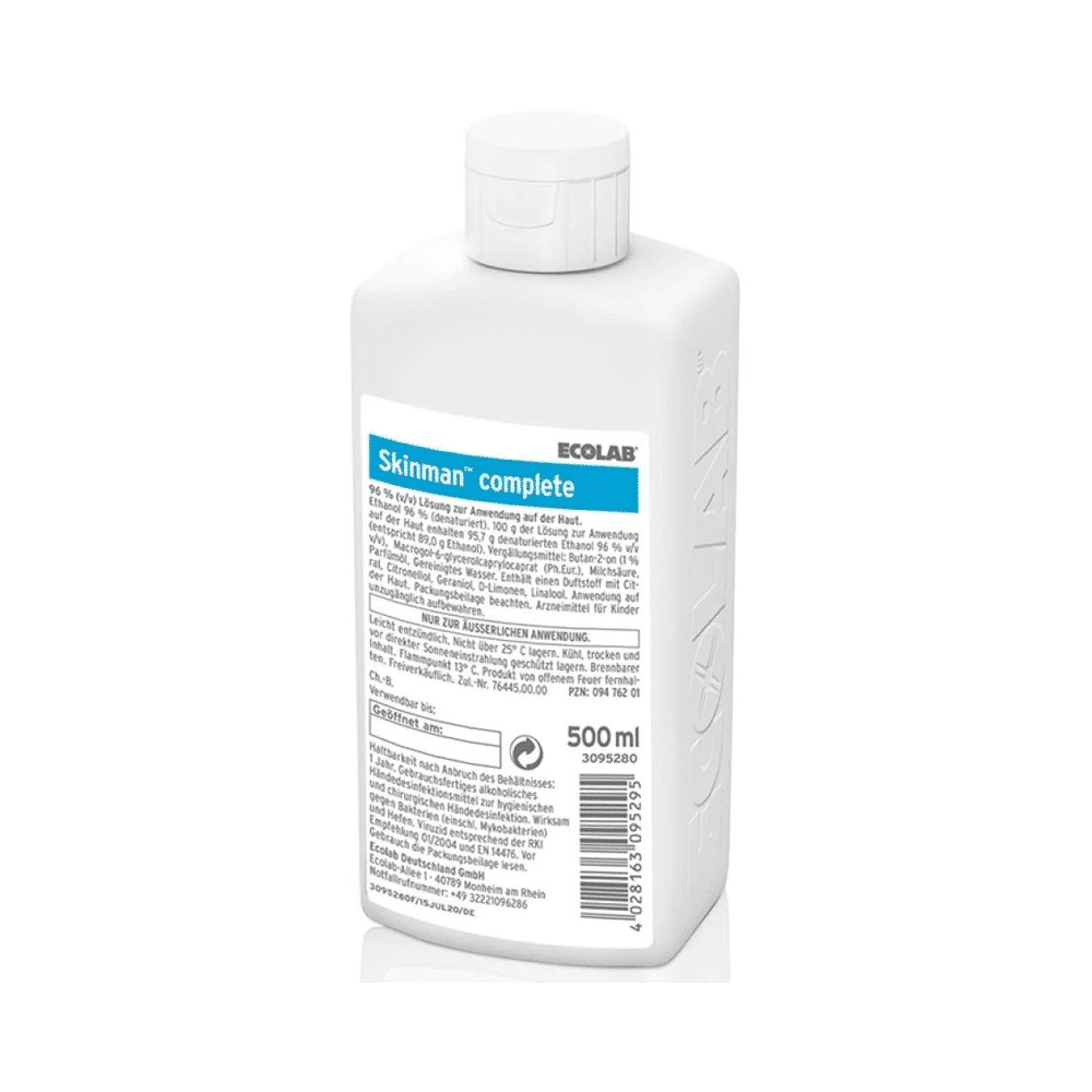 Une bouteille en plastique blanche de 500 ml Ecolab Skinman® complete désinfection des mains (article discontinué) avec un bouchon blanc et une étiquette bleu-blanc contenant des informations sur le produit et des instructions d'utilisation pour une désinfection efficace des mains.