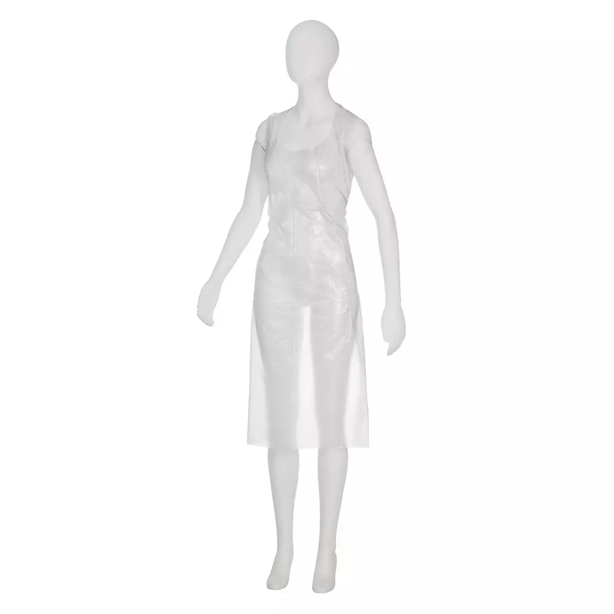 Un mannequin blanc présente les tabliers jetables AMPri light, blancs, 75 x 125 cm (sachet de 100 pièces), un tablier jetable transparent sans manches, idéal pour l'hygiène et la transformation alimentaire, sur un fond blanc simple.