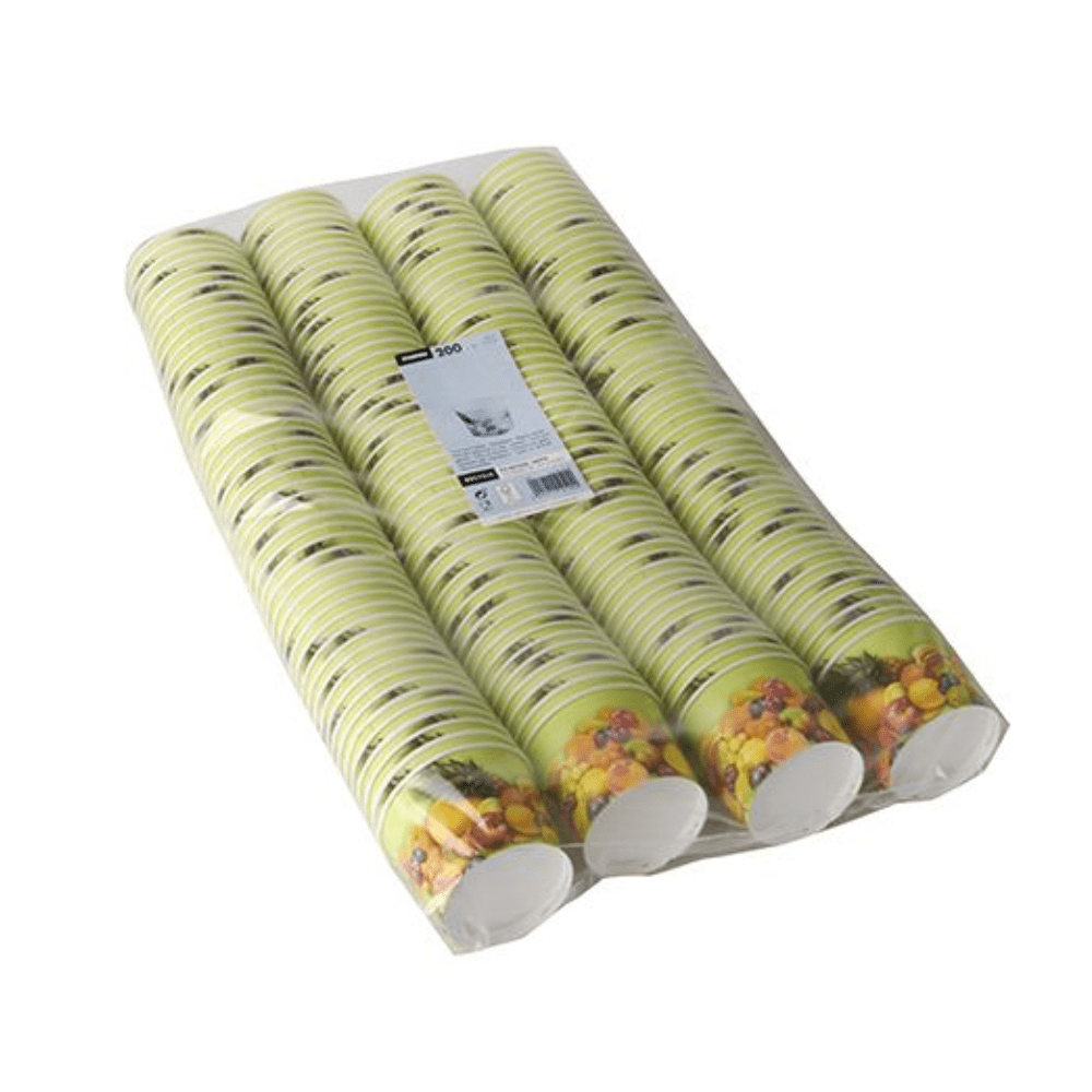 Un paquet de 200 gobelets jetables en carton Starpak, emballé dans du film rétractable. Les gobelets sont vert clair avec un design de fruits au fond et ont une capacité de 100 ml chacun.