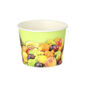 Un gobelet en carton vert clair de la collection "Fruits" de Starpak avec un design imprimé de différents fruits tels que raisins, oranges et prunes. Ce gobelet rond en carton d'une capacité de 100 ml, d'un diamètre de 7 cm et d'une hauteur de 5,3 cm est idéal pour servir des aliments ou des boissons.