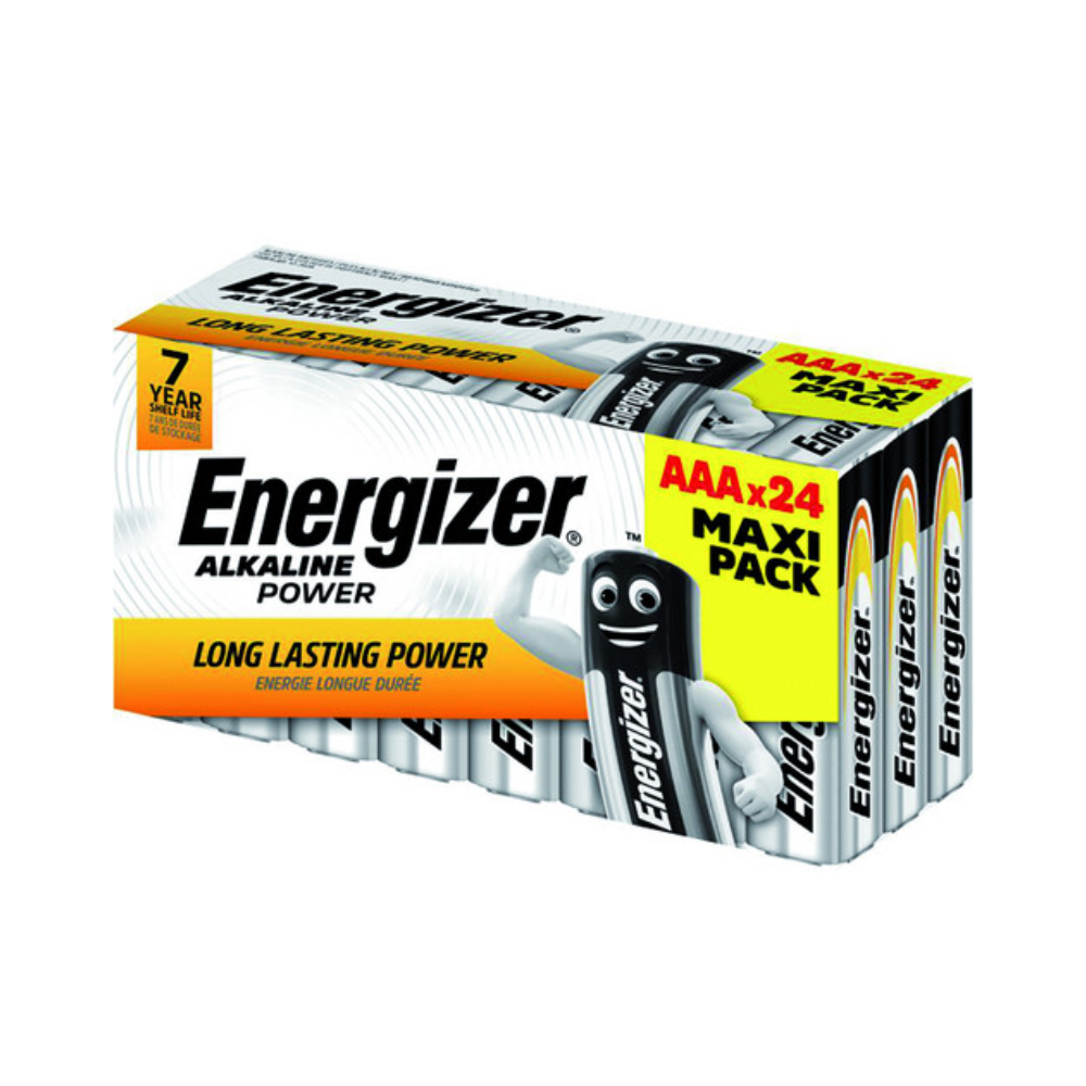 L'image montre une boîte emballée de piles Energizer Alkaline Power Micro AAA Pack Avantage | Paquet (24 pièces) de Energizer Deutschland GmbH. La boîte montre sur le devant une image avec le texte « Energizer », « Long Lasting Power » et « Maxi Pack ». L'emballage indique également « 7 ans de durée de vie » et contient 24 piles durables.