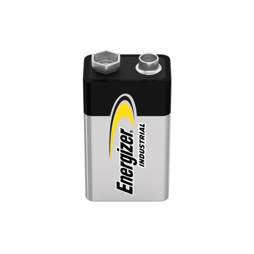 Image d'une pile alcaline industrielle Energizer 9V E-Block | Pack (12 pièces) de Energizer Deutschland GmbH. La pile est dans un schéma de couleurs élégant noir-argenté et porte le logo Energizer et « Industrial » imprimé verticalement sur le devant. Deux bornes sont placées en haut pour faciliter la connexion.