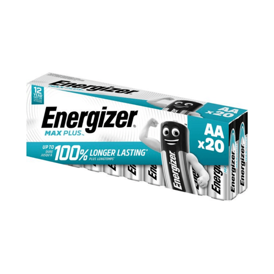 La photo représente un paquet de 20 piles AA « Energizer Max Plus » de la marque Energizer Deutschland GmbH. L'emballage met en avant une « durée de vie 100 % plus longue » et une durée de conservation de 12 ans. Le nom de marque « Energizer Max Plus » est mis en avant, accompagné de l’image d’une pile dotée de bras, ce qui souligne la longue durée de vie et la fiabilité de la pile.