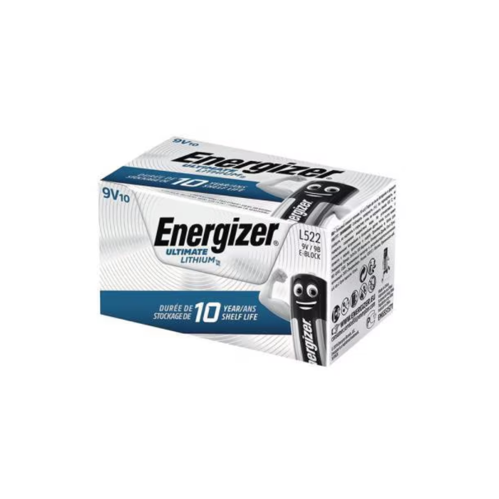 Une boîte blanc-gris avec Energizer Ultimate Lithium E-Block 9V L522 | Paquet (10 pièces), une source d'énergie durable. L'emballage indique qu'il contient dix piles avec une durée de vie de 10 ans. Sur le côté gauche, on voit le logo de l'Energizer Deutschland GmbH, tandis que sur le côté droit, on trouve des informations sur le produit et une image de la batterie.