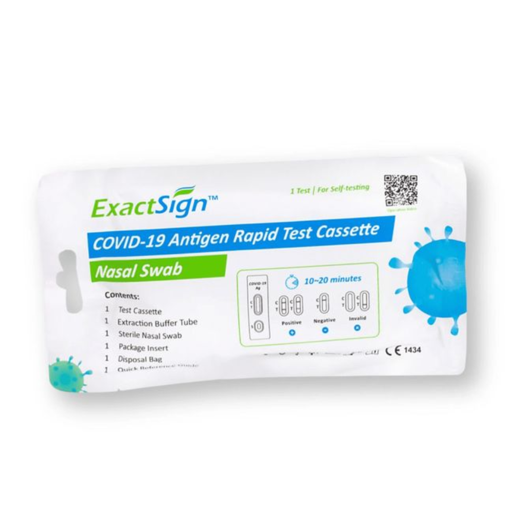 ExactSign Test antigénique Covid-19 rapide (autotest), emballage souple : kit d'autotest avec prélèvement nasal, liste de contenu, temps de résultat 10-20 minutes et aide à l'interprétation pour les résultats positifs/négatifs/invalides. Idéal pour le test rapide du SARS-CoV-2 à domicile.