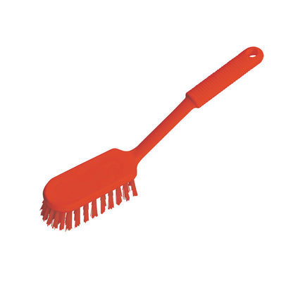 Une brosse à récurer à manche long Haug Bürsten KG PBT souple est représentée devant un fond blanc. La brosse a un long manche avec un trou de suspension et est équipée d'une tête rectangulaire.