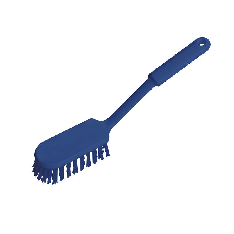 La brosse à récurer à manche long Haug PBT souple bleue de Haug Bürsten KG a des poils souples, un manche texturé et allongé avec un trou de suspension et est idéale pour le nettoyage hygiénique. Représentée sur un fond blanc uni.