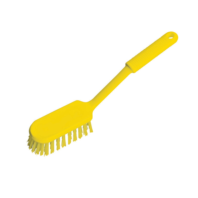 La brosse à récurer à manche long Haug PBT souple de Haug Bürsten KG est une brosse jaune avec un long manche et un trou de suspension, conçue pour un nettoyage hygiénique. Poils souples. Représentée sur fond blanc.