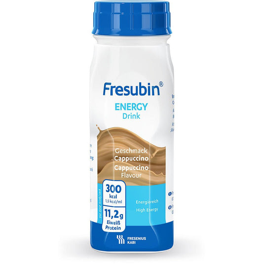 200 ml de boisson énergétique Fresubin de Fresenius Kabi Deutschland GmbH, saveur cappuccino, avec bouchon bleu et étiquette blanche avec informations nutritionnelles : 300 kcal, 11,2 g de protéines et haute teneur énergétique.