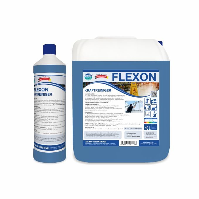 Représentés sont deux conteneurs de nettoyant puissant Arcora FLEXON de Arcora International GmbH : une haute bouteille et un grand bidon de 10 litres, tous deux avec des étiquettes bleu-blanc sur lesquelles figurent les données du produit du puissant nettoyant.