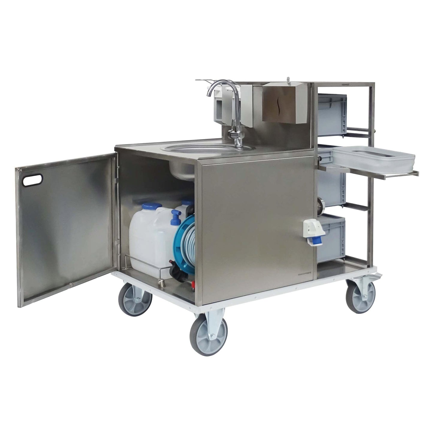Le chariot d'hygiène des pompiers Novocal est équipé d'un cadre en acier inoxydable, de panneaux en résopal massif, d'un évier intégré, d'un espace de rangement ouvert, d'un distributeur de savon, de roues robustes et d'un placard ouvert avec des réservoirs d'eau et un tuyau enroulé à l'intérieur.
