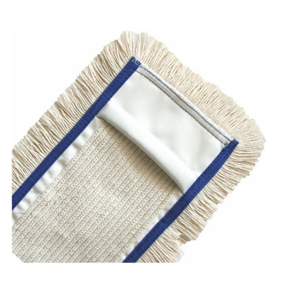 Un gros plan de l'Arcora First Mopp Bleu de Arcora International GmbH - une tête de vadrouille rectangulaire avec des franges beiges, une surface de nettoyage texturée et un bord bleu - idéal pour le nettoyage d'entretien de divers revêtements de sol sur fond blanc.