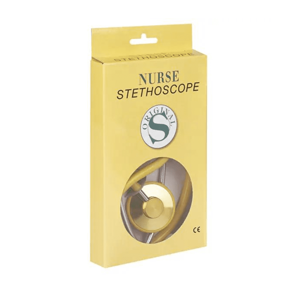 Une boîte jaune avec l'inscription « Flachkopf Stethoskop Modell Schwester » et une fenêtre ronde transparente montre le stéthoscope à l'intérieur. L'emballage avec « Original » et un logo avec la lettre « S » sur le devant met en avant le design sans latex ni nickel pour les utilisateurs sensibles. Ce produit est de la société Servoprax GmbH.