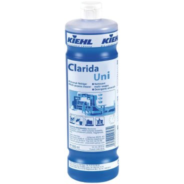 Une bouteille bleue de 1L de Kiehl Clarida Uni Nettoyant d'entretien 6x1L - Efficace & Respectueux des matériaux de Johannes Kiehl KG, un nettoyant universel neutre, avec un bouchon blanc et une étiquette avec des informations sur le produit et des instructions de nettoyage.
