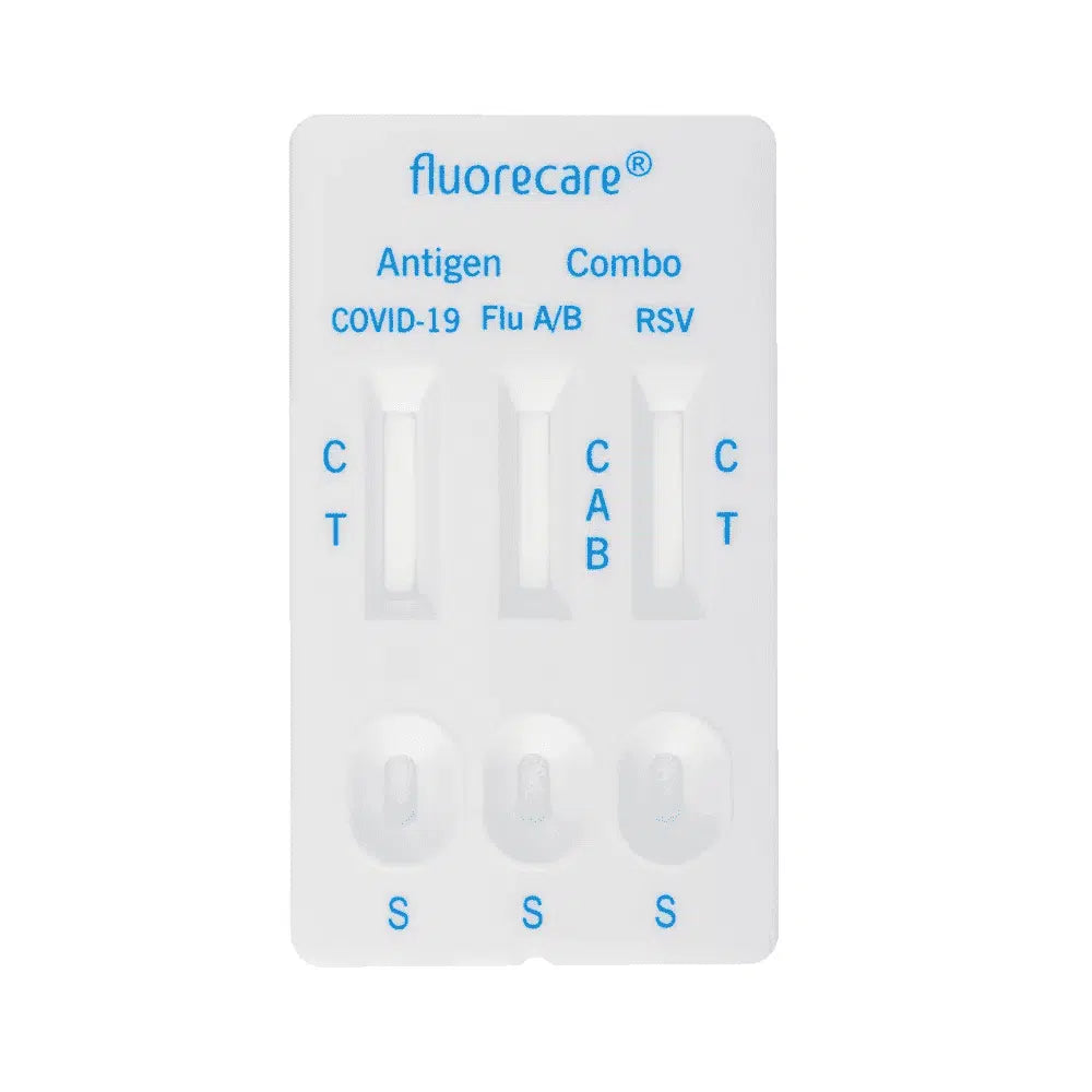 Le test combiné d'antigènes Fluorecare SARS-CoV-2, Influenza A + B & RSV est une solution complète pour la détection du COVID-19, de la grippe A/B et du RSV. Cette bandelette pratique dispose de sections clairement identifiables avec les marquages C, A, B et T ainsi que de petites fenêtres de résultats, permettant d'effectuer efficacement les tests d'antigènes SARS-CoV-2 ainsi que les tests d'antigènes de la grippe A/B et du RSV.