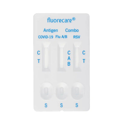 Le test combiné d'antigènes Fluorecare SARS-CoV-2, Influenza A + B & RSV est une solution complète pour la détection du COVID-19, de la grippe A/B et du RSV. Cette bandelette pratique dispose de sections clairement identifiables avec les marquages C, A, B et T ainsi que de petites fenêtres de résultats, permettant d'effectuer efficacement les tests d'antigènes SARS-CoV-2 ainsi que les tests d'antigènes de la grippe A/B et du RSV.
