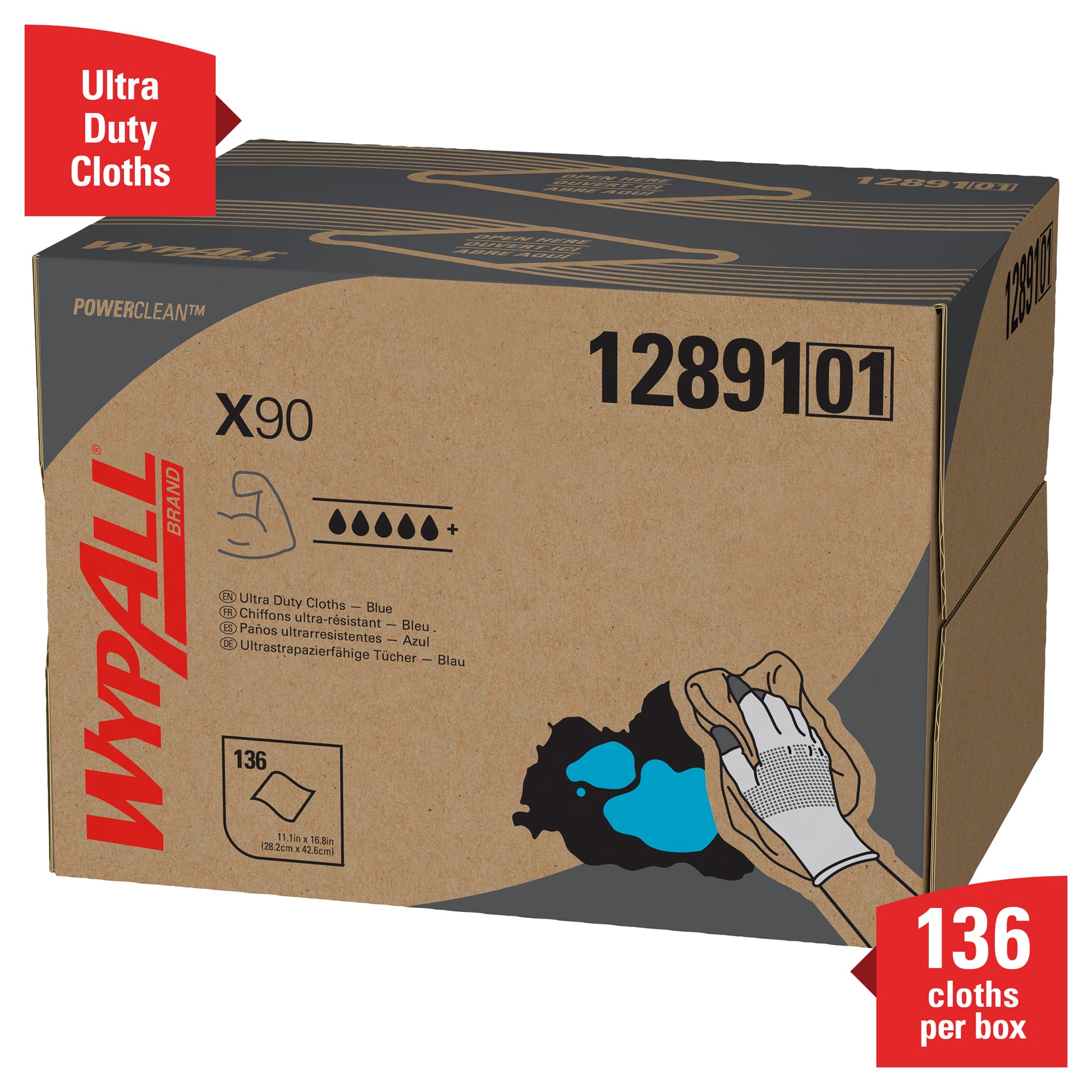 Eine blaue BRAG™ Box mit WypAll® X90 PowerClean Ultra Duty Cloths von Kimberly-Clark GmbH, Produktnummer 12891, enthält 136 Blatt pro Box. Auf der Verpackung sind ein Handwischer und das Etikett "Blau - 1 Brag Box x 136 Sheets.
