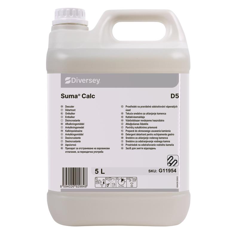 Un conteneur en plastique blanc de 5 litres avec Suma Calc D5 de Diversey Deutschland GmbH & Co. OHG, avec une poignée et une étiquette avec des informations sur le produit, des instructions et un code-barres pour un usage professionnel.