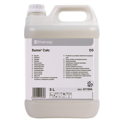 Un conteneur en plastique blanc de 5 litres avec Suma Calc D5 de Diversey Deutschland GmbH & Co. OHG, avec une poignée et une étiquette avec des informations sur le produit, des instructions et un code-barres pour un usage professionnel.