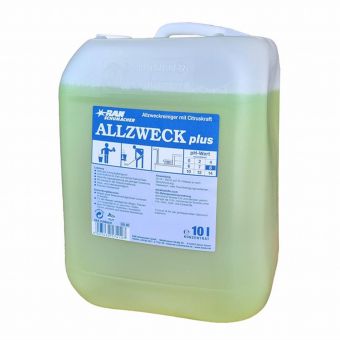 Un récipient transparent de 10L de Abena Re-Seller GmbH GastroPower nettoyant universel, incolore et inodore, avec poignée intégrée. L'étiquette allemande affiche "ALLZWECK plus" et des instructions d'utilisation - idéal pour les besoins de nettoyage dans la gastronomie.