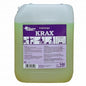 Un conteneur transparent de 10 litres avec l'inscription "GastroPower Krax" de la société Abena Re-Seller GmbH, avec une étiquette violette contenant des instructions et des symboles de sécurité. Le liquide jaune-vert est idéal comme dégraissant et nettoyant pour les cuisines professionnelles.