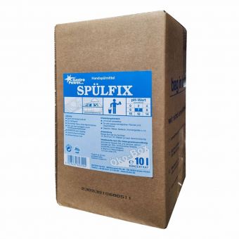 Un carton brun avec l'inscription "GastroPower Spülfix Öko-Box, 10 l" de la société Abena Re-Seller GmbH avec des instructions bleu-blanc, des symboles de danger et une marque de 10 litres ; ce détergent biodégradable est respectueux de l'environnement.
