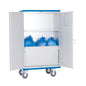 Le chariot Novocal en aluminium anodisé avec portes battantes pivotantes à 270° et étagère centrale offre un rangement et un transport organisés. Quatre roulettes grises et un couvercle bleu complètent le chariot professionnel pratique.