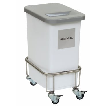 Un conteneur à déchets Novocal blanc et rectangulaire avec l'inscription "DÉCHETS RÉSIDUELS" et un couvercle gris est monté sur un châssis de collecte de matériaux recyclables Novocal avec quatre roulettes pivotantes, dont deux avec frein.