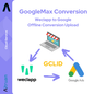Graphique avec une représentation schématique de « Altruan Weclapp to Google Offline Conversion Upload », un processus de conversion pour les applications web. Elle contient des icônes comme un ordinateur portable avec un magasin, des flèches indiquant les phases de conversion, et des logos pour différentes composantes techniques, y compris We.