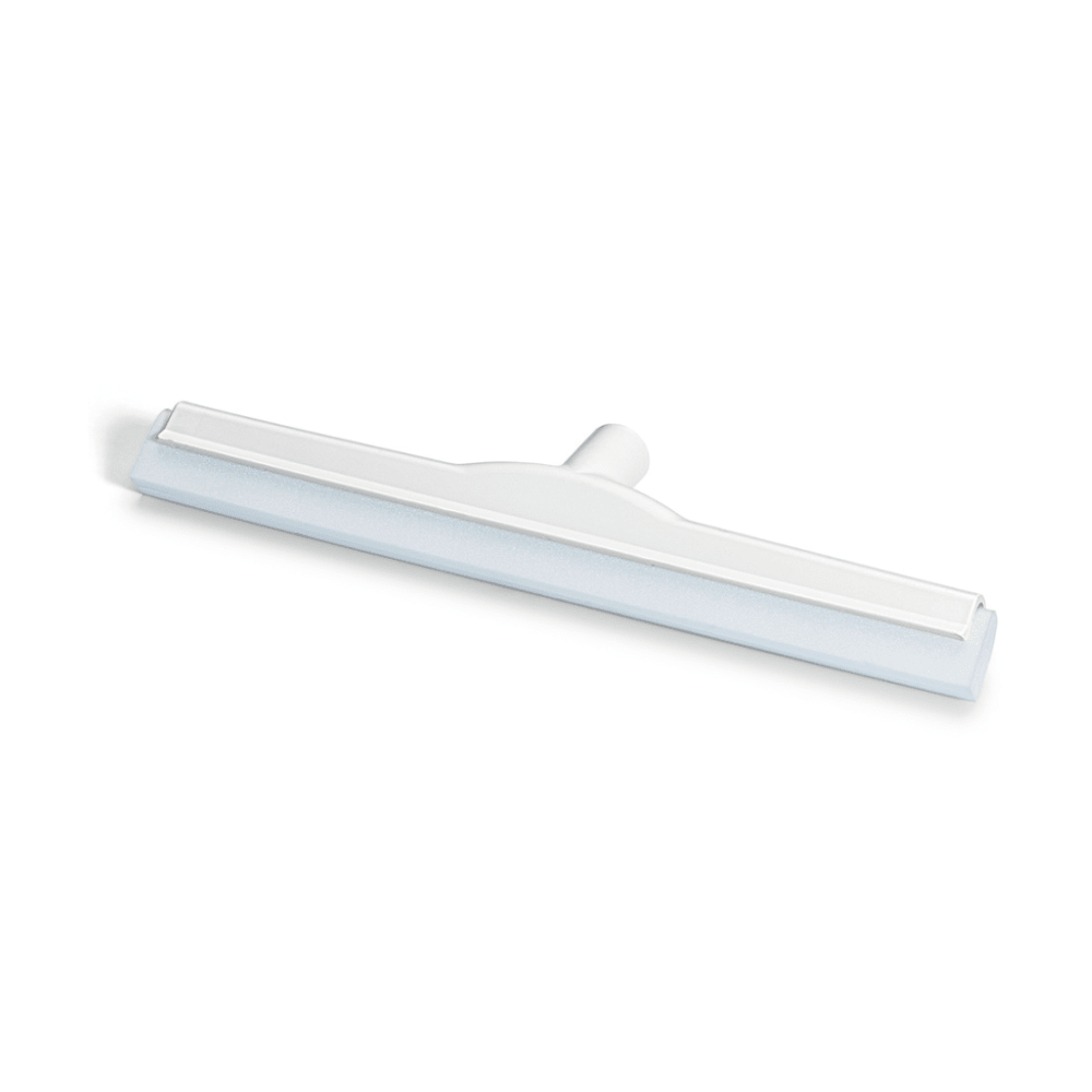 La raclette Nölle Profi Brush HACCP, dotée d'un manche droit et d'une conception unique à double lèvre, allie fonctionnalité et élégance. Elle est composée d'une lèvre en caoutchouc bleu clair intégrée dans un cadre en plastique renforcé de fibre de verre blanc, qui est fixé sur un fond blanc sobre pour plus de stabilité.