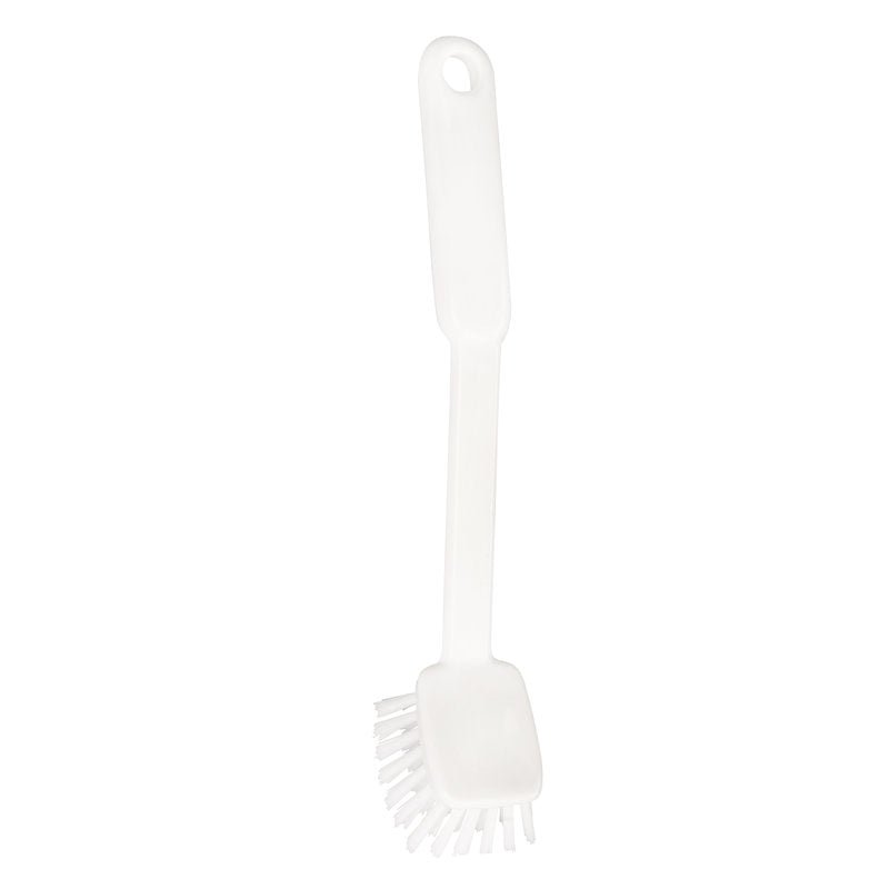 La Haug Bürsten KG BROSSE À VAISSELLE ANGULAIRE dispose d'une tête de brosse rectangulaire blanche en nylon 6.6 (ø 0,40 mm, moyen), d'un design en plastique robuste et d'un long manche avec trou de suspension (240 x 40 x 22 mm).