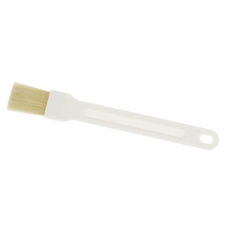 Un FLACHPINSEL en plastique blanc, PBT ø0,20MM pinceau de pâtisserie de Haug Bürsten KG avec des poils en PBT clairs et un trou à l'extrémité du manche, représenté sur un fond blanc simple.