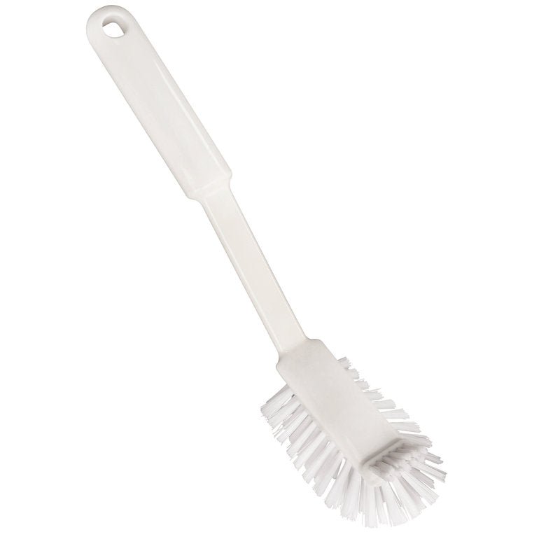La DIE SANFTE KRATZBÜRSTE de Haug Bürsten KG est une brosse à vaisselle en nylon blanc 6.6 (ø 0,40 mm, moyen) avec un long manche et un trou de suspension, idéale pour un nettoyage en douceur. Taille : 275x60x20 mm.