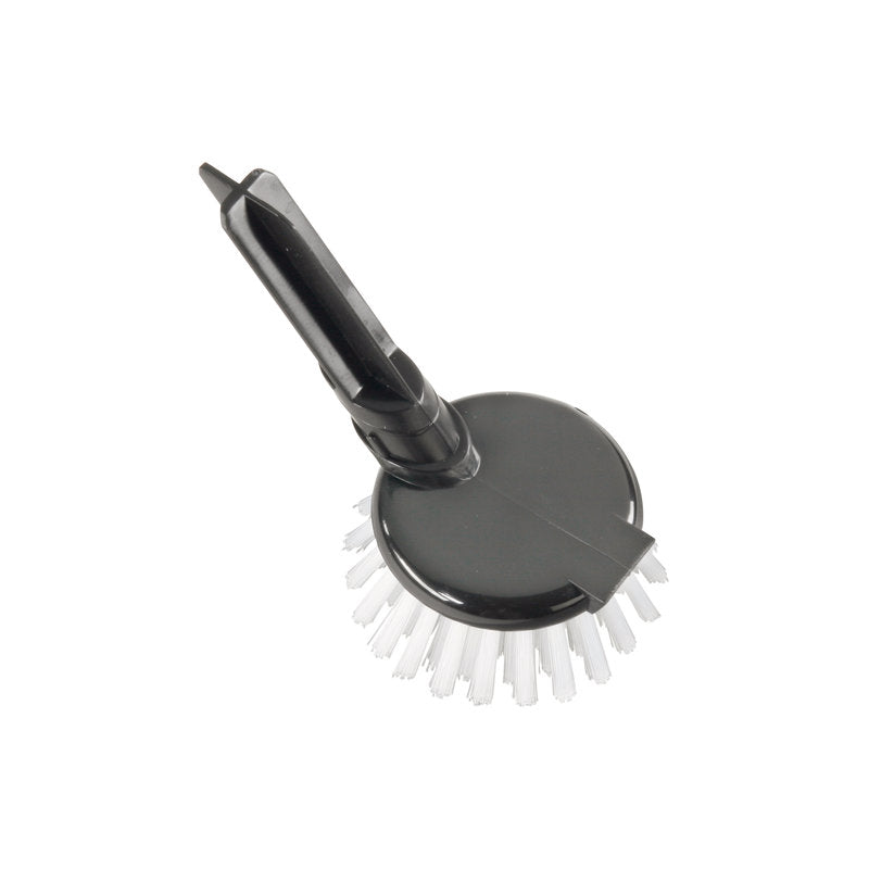 Eine schwarz-graue Spülbürste von Haug Bürsten KG, mit weißem ERSATZKOPF RUND mit PBT ø0,35MM mittel für Art. 15090/15190/15390 und einem abgewinkelten Griff mit Aufhängeloch, ideal als Reinigungsgerät für Ihre Küche.