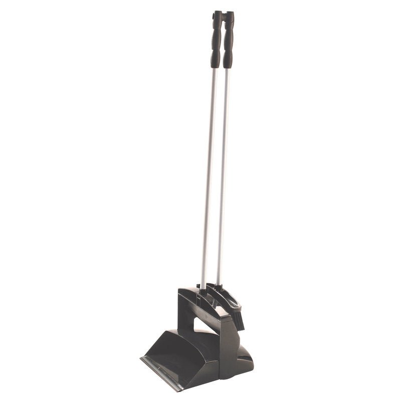 La pelle à poussière FUTURA de Haug Bürsten KG se compose d'une pelle en polypropylène noir et d'un balai avec un long manche en acier (hauteur 1000 mm), qui peuvent tous deux se tenir debout et s'emboîter pour un rangement compact.