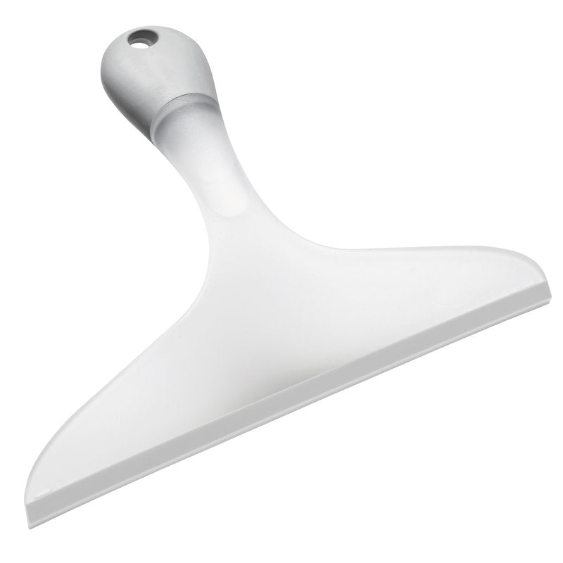Le Haug Bürsten KG RACLETTE POUR FENÊTRES SOFT-GRIP, AVEC LAME ENCASTRÉE, 250MM, BLANC a un design en plastique blanc-argenté avec une large lame et un trou de suspension, idéal pour un nettoyage des vitres sans traces.