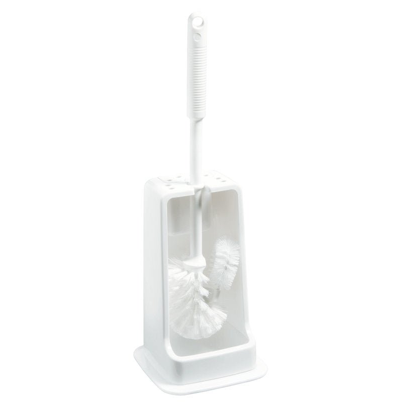 La GARNITURE WC 4-CARRÉ, BROSSE6140 BLANC (145x145x415mm) de Haug Bürsten KG dispose d'une brosse en plastique blanc et d'une poignée dans un support rectangulaire assorti, parfait pour un aménagement de salle de bain minimaliste.