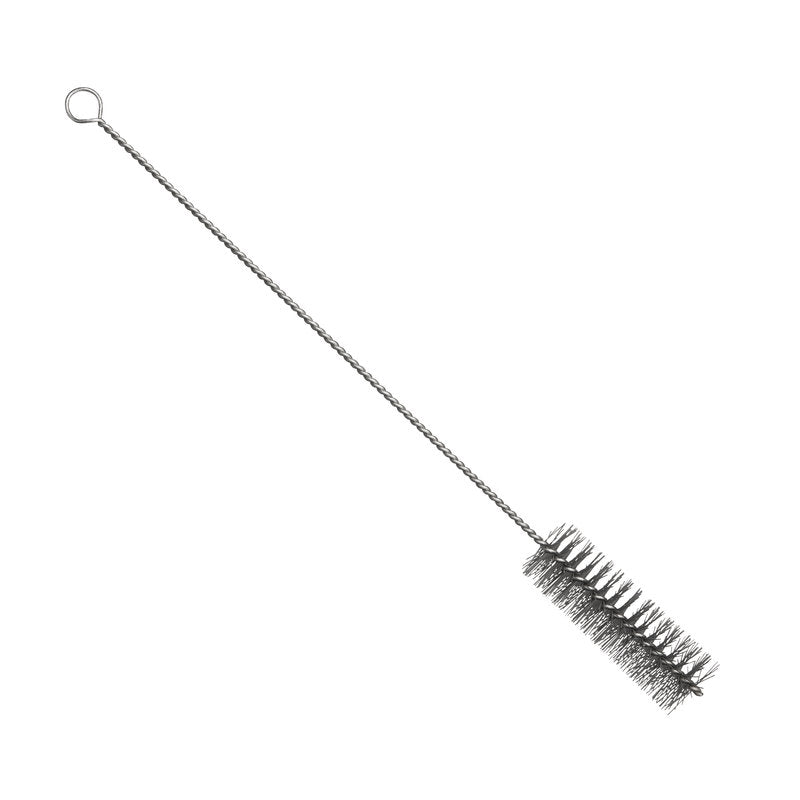 La BROSSE TUBE DÉTECTEUR DE MÉTAUX, FIL D'ACIER INOXYDABLE, PBT GRIS, 500xØ40mm de Haug Bürsten KG dispose de poils cylindriques denses et d'une tige en fil torsadé avec une extrémité en boucle. Illustrée sur fond blanc; idéale pour le nettoyage fin des tuyaux.