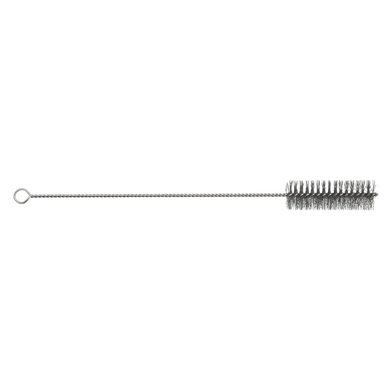 La BROSSE À TUBE METDEC PREM. de Haug Bürsten KG dispose d'une poignée en fil d'acier inoxydable torsadé avec une boucle et des poils rigides en PBT gris sous une forme cylindrique de 500xØ40mm, idéale pour le nettoyage des bouteilles ou des intérieurs de tuyaux.