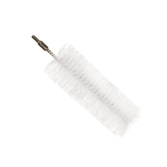 Eine Haug Bürsten KG ROHRBÜRSTE mit weichen, transparenten PBT-Borsten (ø0,40mm), 200xø60mm, verlängerbar und mit einem gedrehten Metallgriff, isoliert auf weißem Hintergrund.